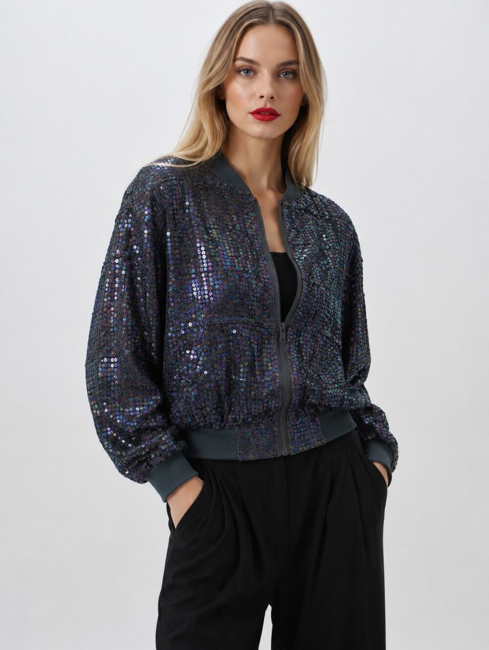 Iridescent Sequin Bomber Jacket Sparkle S-M